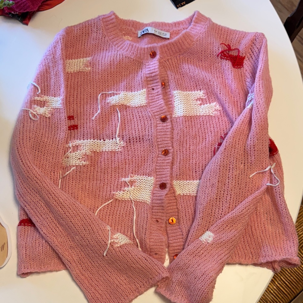 Zara Pink and White Distressed knit  Cardigan